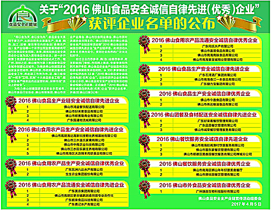 20162016佛山食品安全誠(chéng)信自律先進(jìn)（優(yōu)秀）企業(yè)